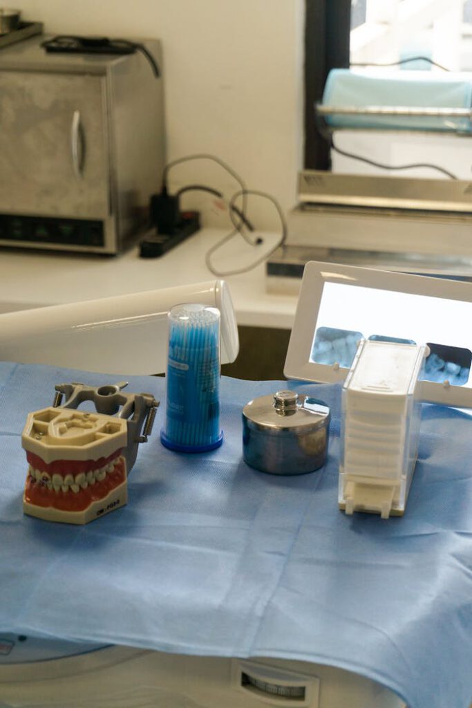 Professional dental equipment on display in a modern clinic office.